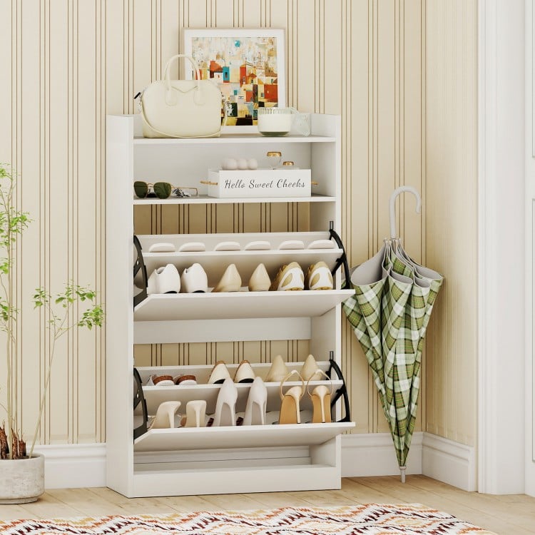 Shoe storage cabinet in white with adjustable shelves and two flip drawers, ideal for entryway organization.