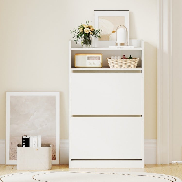 Shoe storage cabinet in white with 2 flip drawers and adjustable shelves, perfect for entryway or hallway organization.