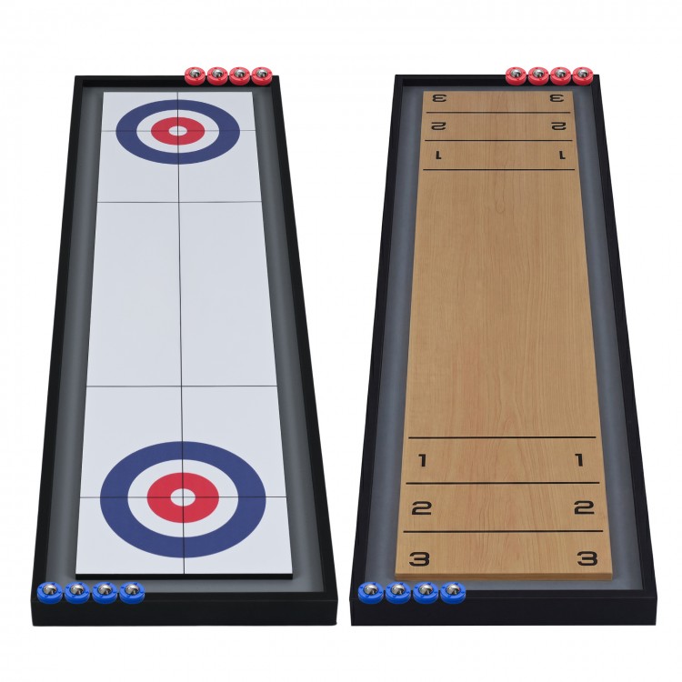 2-sided tabletop shuffleboard and curling game with vibrant scoring patterns and 8 rolling pucks for family fun.