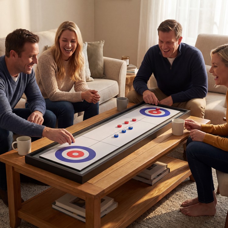 Portable 2-sided tabletop shuffleboard and curling game with vibrant scoring patterns, perfect for family game nights.