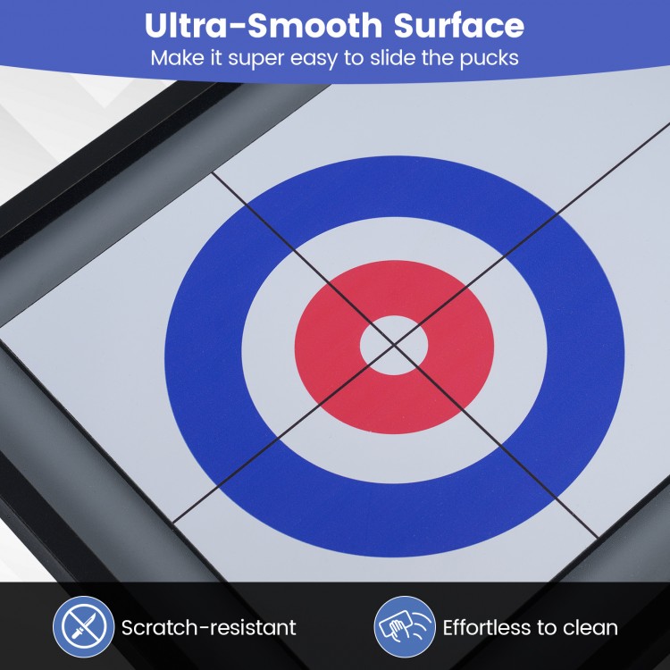 Ultra-smooth playing surface of the 2-in-1 shuffleboard and curling game, featuring vibrant scoring patterns.