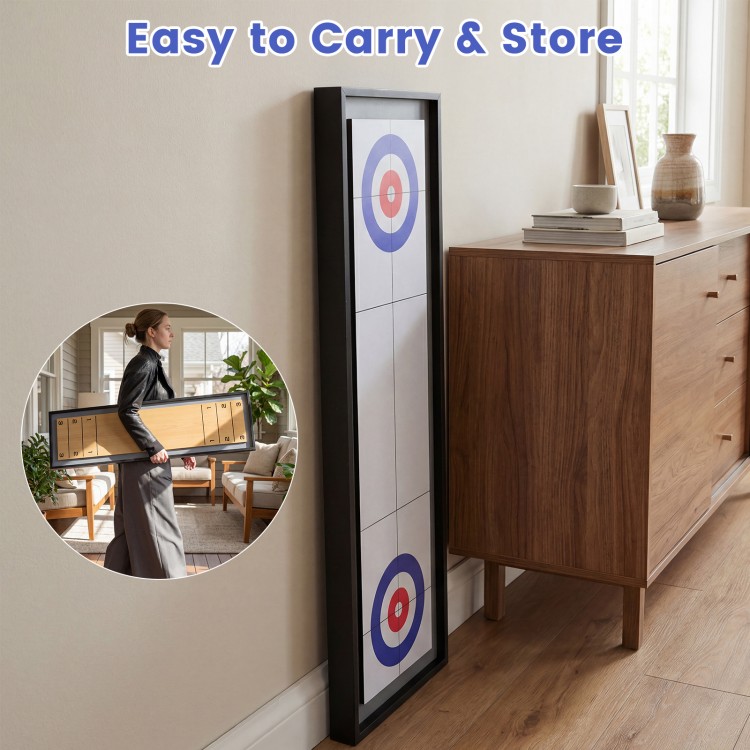 Portable 2-sided tabletop shuffleboard and curling game stored upright, featuring a lightweight wooden frame for easy.