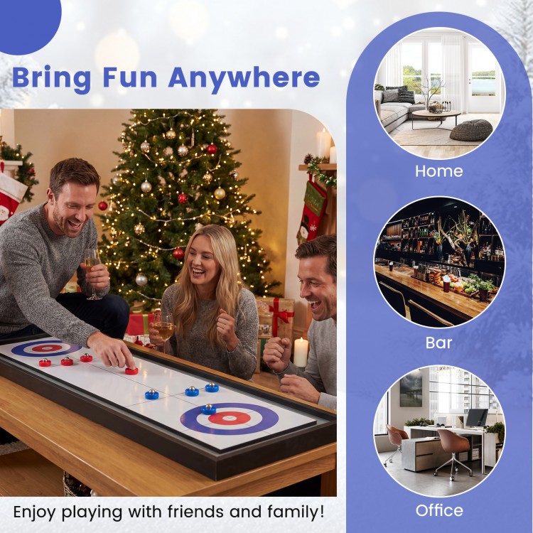 2-in-1 tabletop shuffleboard and curling game with wooden frame, perfect for family fun at home, bar, or office.
