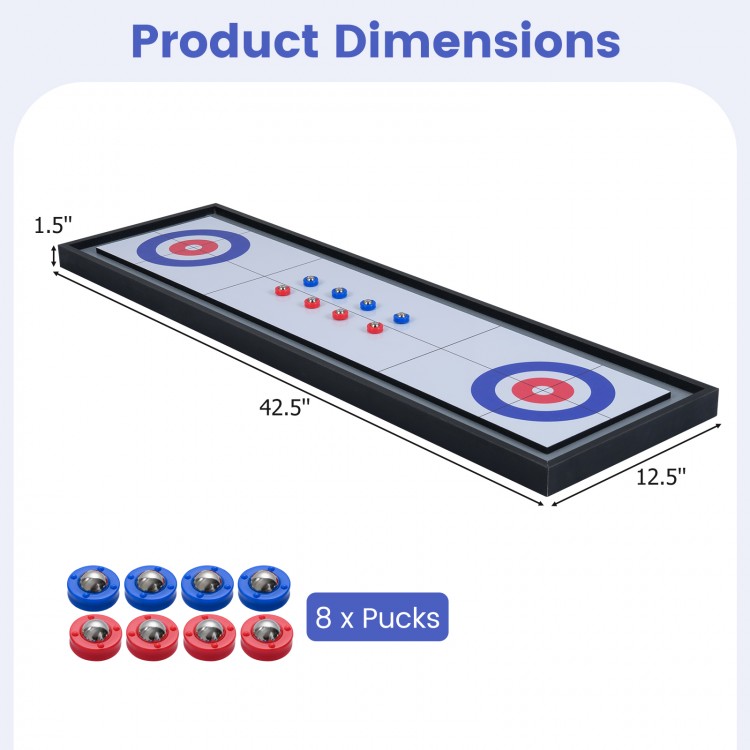 Shuffleboard and curling 2-in-1 tabletop game with 8 pucks, featuring a compact design and vibrant scoring patterns.