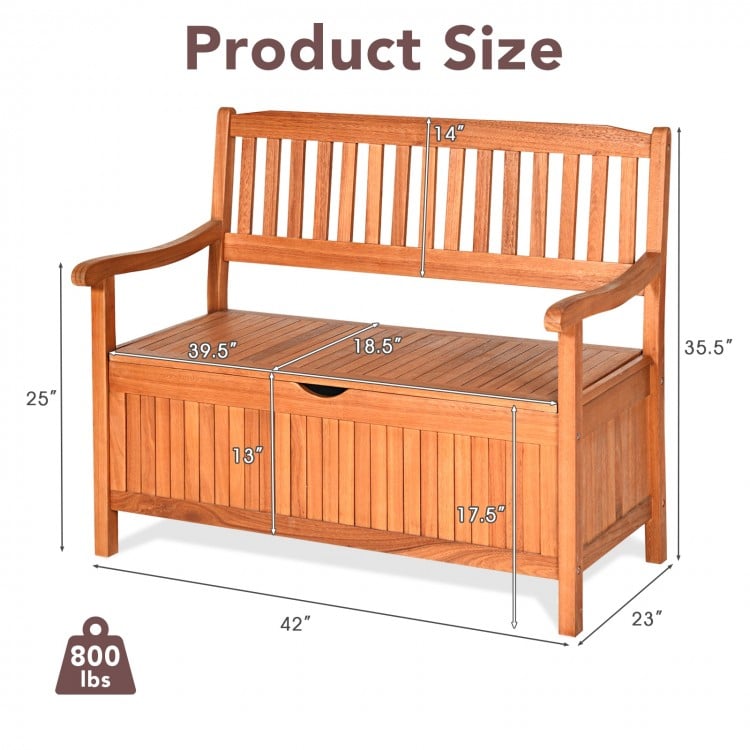 33-gallon wooden storage bench with a flip-top lid, natural teak color, dimensions for patio or garden use.