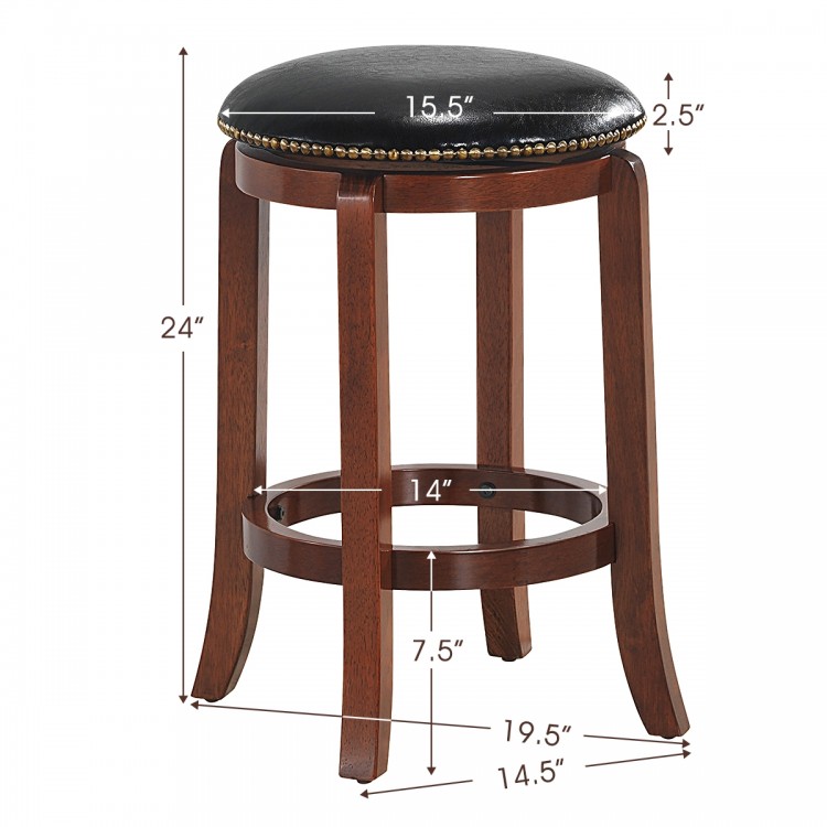 Backless 24-inch swivel bar stool with PU leather seat, rubber wood legs, and footrest for kitchen or bar use.