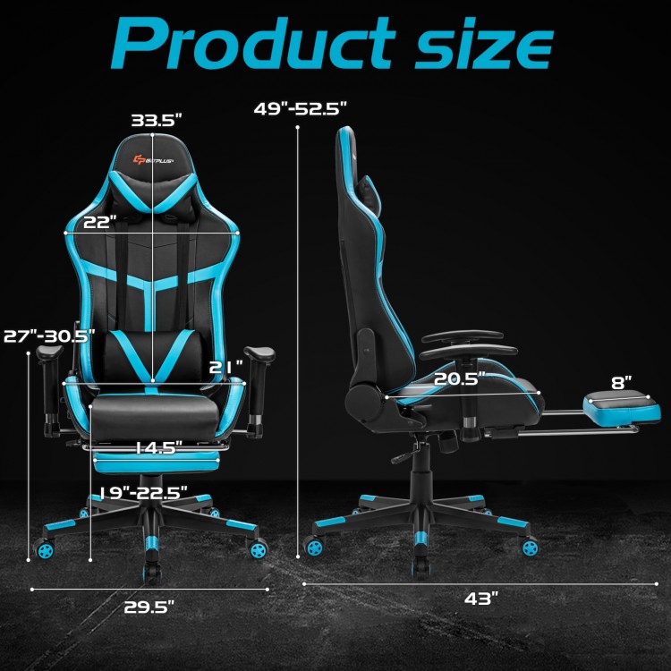 Reclining racing chair dimensions with lumbar support and footrest in blue, designed for comfort during long gaming.