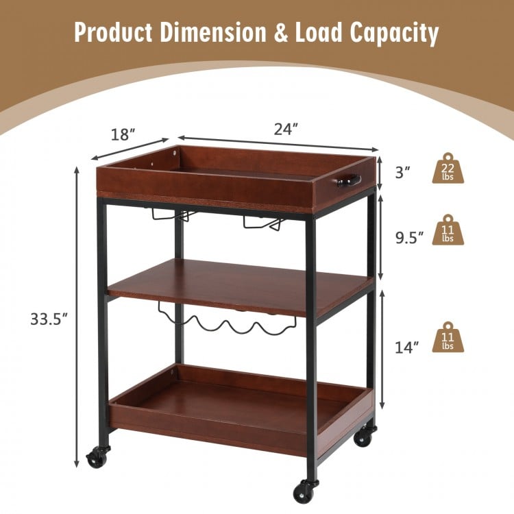 Three-tier kitchen island serving bar cart with wine bottle rack and glass holder, featuring a durable wood and metal.