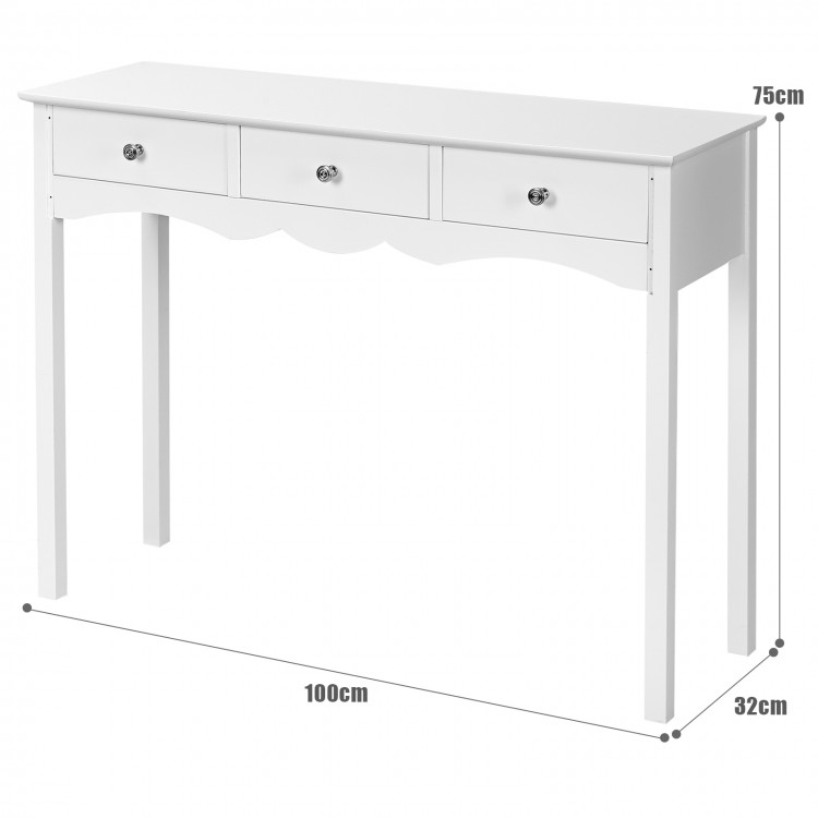 White side sofa table with three drawers, made of MDF, featuring vintage metal handles, ideal for hallway or living.