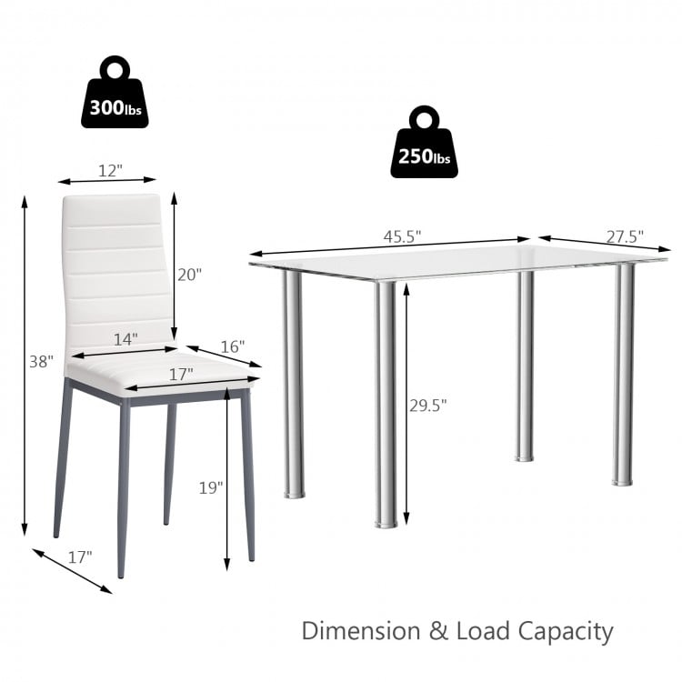 Dimensions and load capacity of the 5 pieces dining set with 4 PVC leather chairs and tempered glass table.