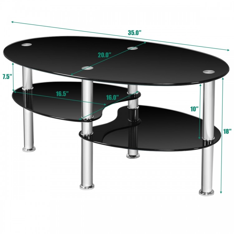 Tempered glass oval coffee table in black with chrome legs and smooth design, ideal for stylish living room use.