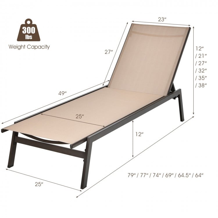 Outdoor reclining chaise lounge chair in brown with 6 adjustable positions, sturdy steel frame, perfect for patio.