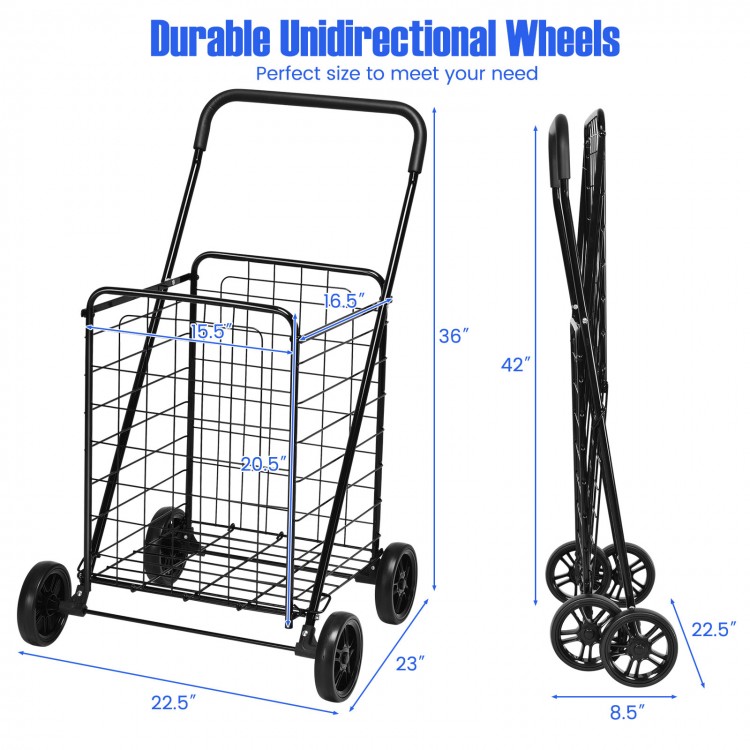 Portable folding shopping cart with a spacious basket, durable steel frame, and large rear wheels for easy.