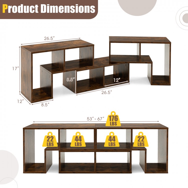 L-shaped and rectangular shelves of the brown console TV stand, designed for TVs up to 65 inches, with spacious storage.