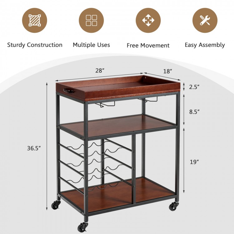 Three-tier serving cart with a wine rack, featuring a durable metal frame and guardrails for secure bottle placement.