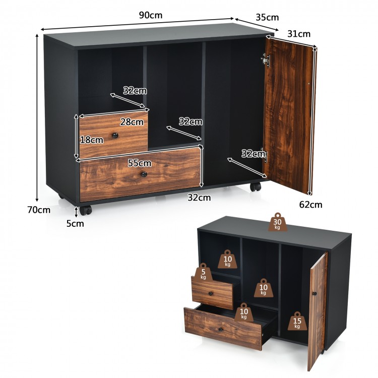 Mobile filing cabinet with 2 drawers and open shelves, featuring a retro design and caster wheels for easy mobility.
