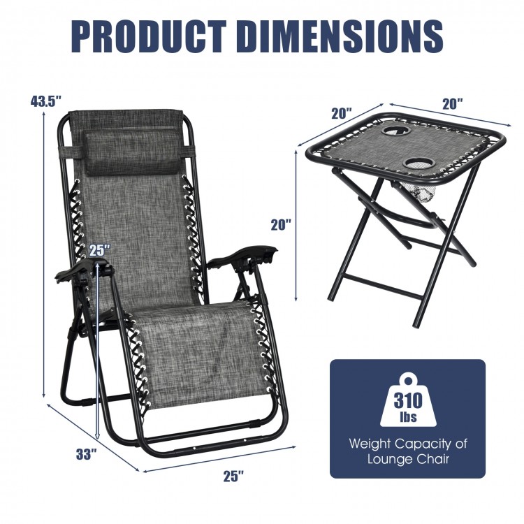 Folding portable zero gravity reclining lounge chairs and table set in gray, ideal for outdoor relaxation and.