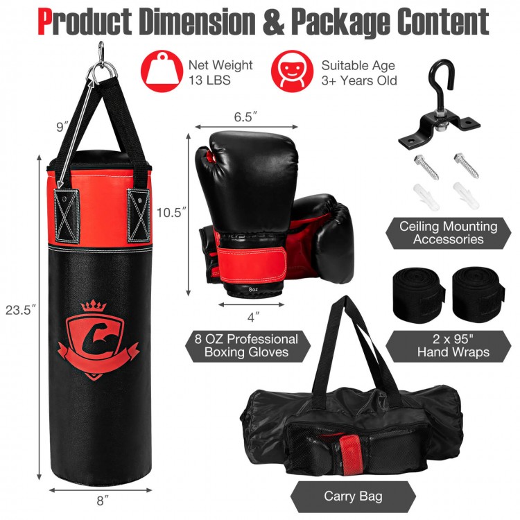 Kids hanging punching bag set with gloves, hand wraps, and carry bag for karate training and active play.