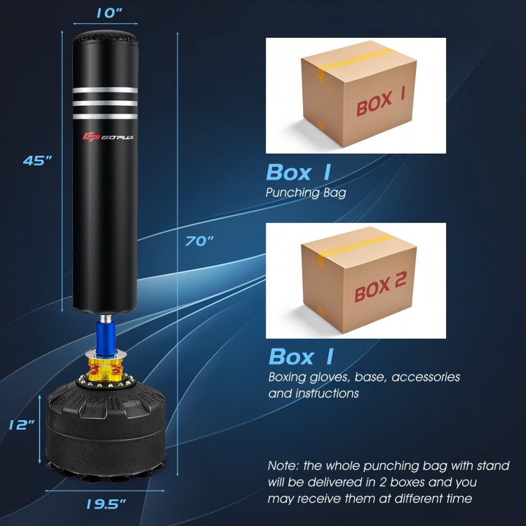 Freestanding 70-inch punching boxing bag with a 12-inch suction cup base, ideal for strength training and stress relief.