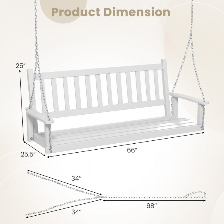 3-person wooden outdoor porch swing in white, featuring slatted surface and sturdy chains, ideal for backyard.
