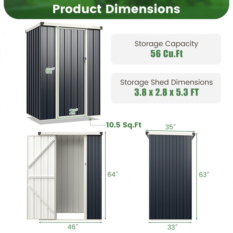 Metal outdoor storage shed dimensions showing a lockable door, 56 cu. ft. capacity, ideal for yard organization.