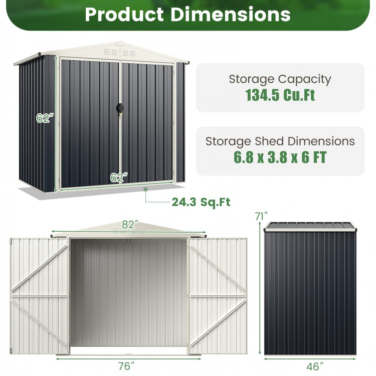 Metal outdoor storage shed with lockable door, measuring 7 x 4 feet, designed for durability and organization.