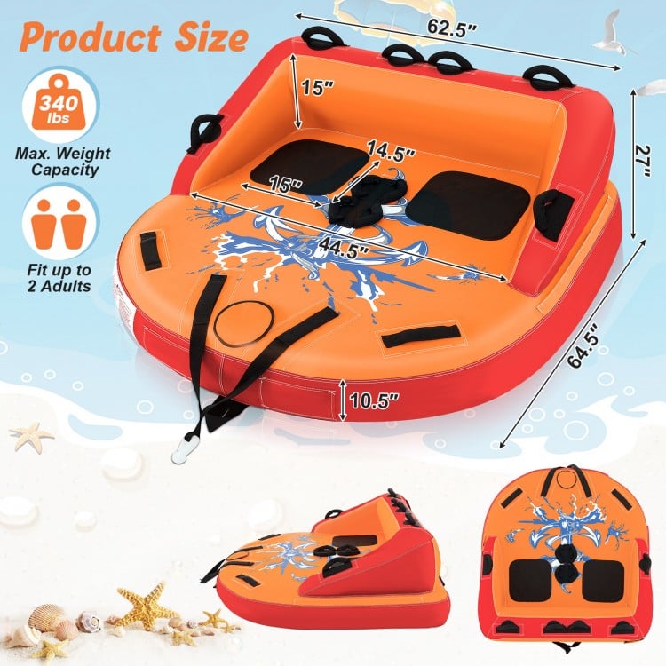 Dimensions of the orange inflatable towable tube for 2 riders, showcasing size details for safe and enjoyable boating.