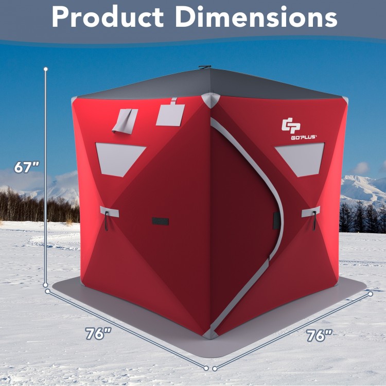 Portable pop-up ice shelter fishing tent dimensions, 76" x 76" x 67", made from tough 300D oxford fabric for cold.