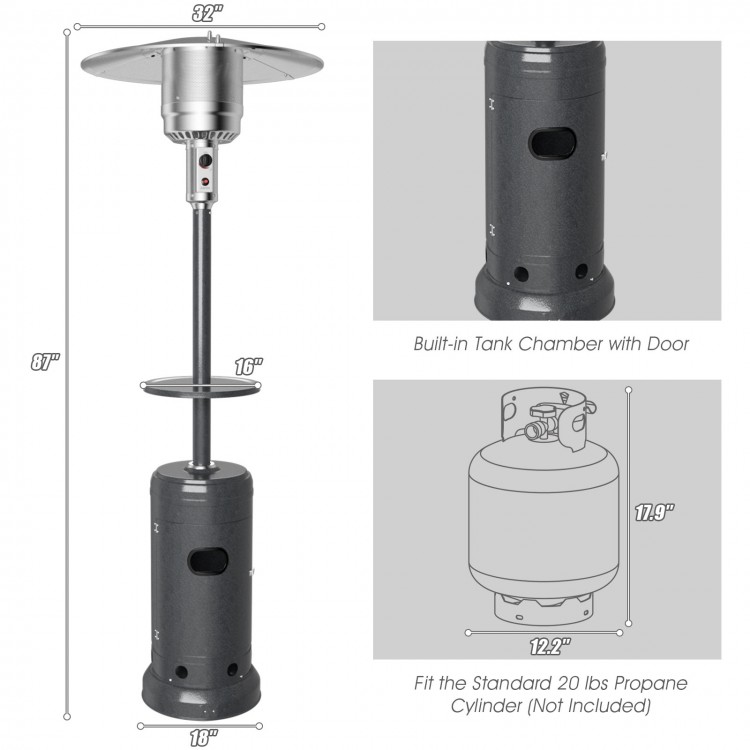 Gray propane standing outdoor heater with table, 87" tall, features wheels for easy transport and safety tilt design.