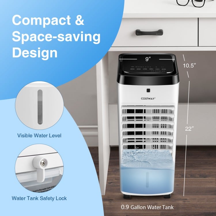 3-in-1 evaporative air cooler with a 0.9-gallon water tank, compact design, and touch control panel for easy use.