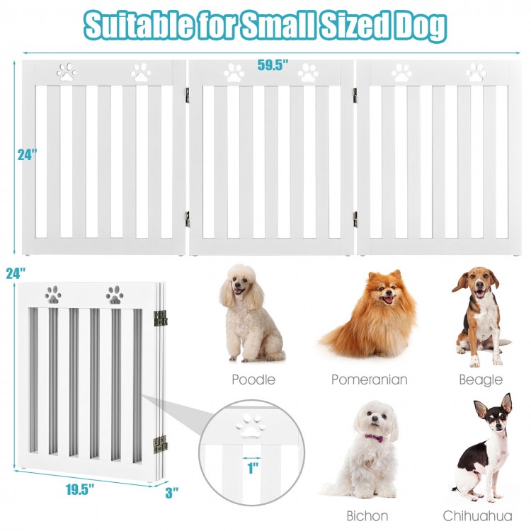 Freestanding 24-inch wooden dog gate in white, designed for small dogs, featuring a foldable design and 360° hinges.