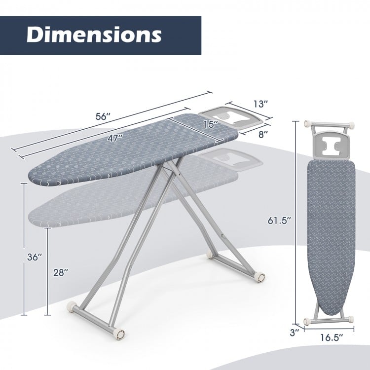 Ironing board with removable silver-gray cover, featuring dimensions and foldable design for easy storage.