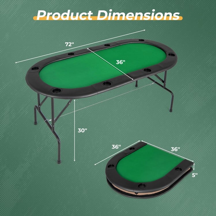 Dimensions of the 8 Players Texas Holdem Foldable Poker Table with green felt surface, showing folded and unfolded.