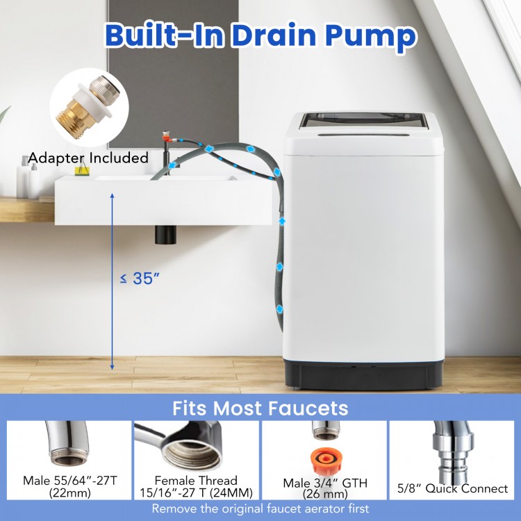 Compact full-automatic washing machine with built-in drain pump, stainless steel inner, and 11 lbs capacity for.