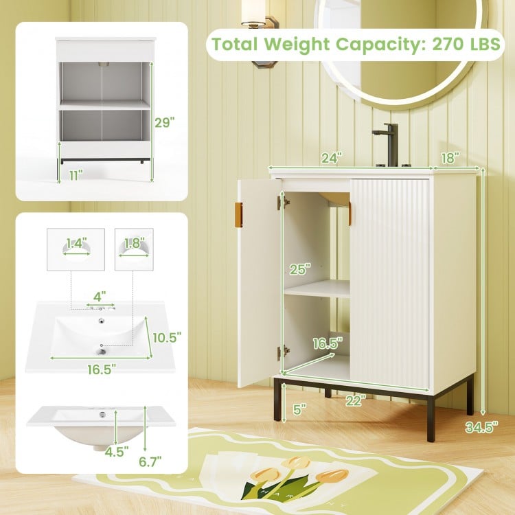 24-inch white bathroom vanity with sink combo, featuring adjustable shelf, double doors, and sturdy metal legs for.