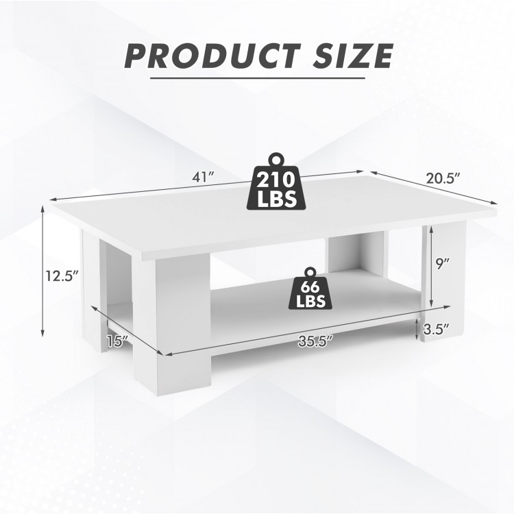 Dimensions of the large 36-inch wooden coffee table with storage shelf, showcasing its modern design and stability.