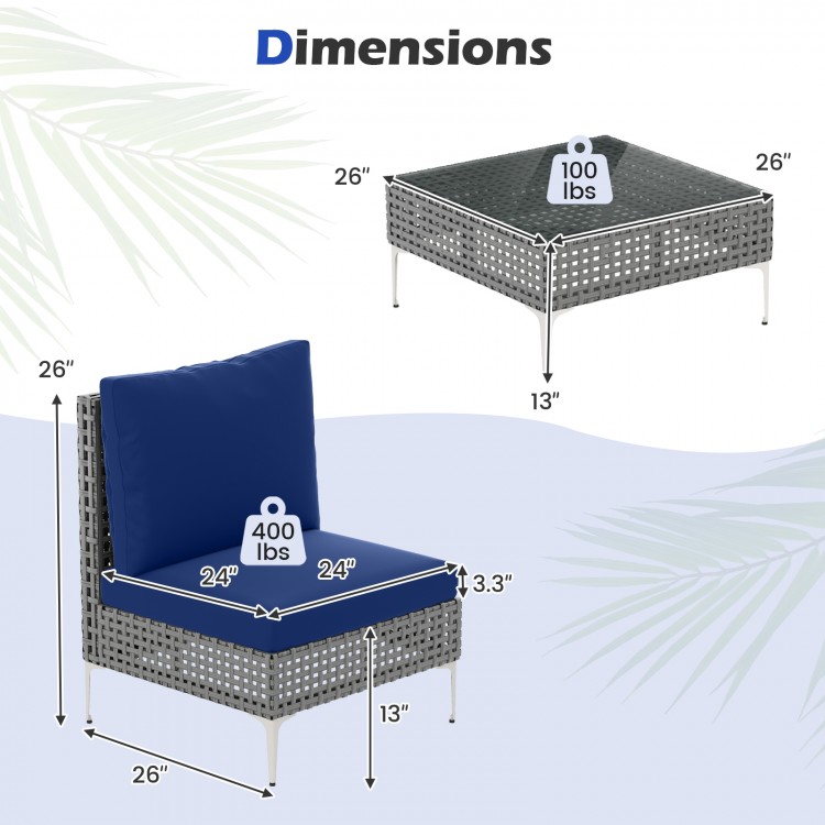 Dimensions of the 3-piece PE rattan conversation set with navy cushions, suitable for patio and garden use.