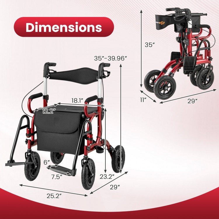 Dimensions of the 2-in-1 foldable rollator walker in red, showcasing height adjustments and compact design for seniors.
