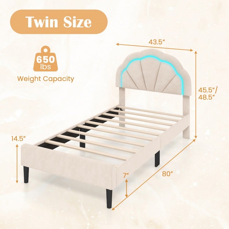 Twin size upholstered LED bed frame with adjustable flower headboard, featuring a skin-friendly velvet surface and.