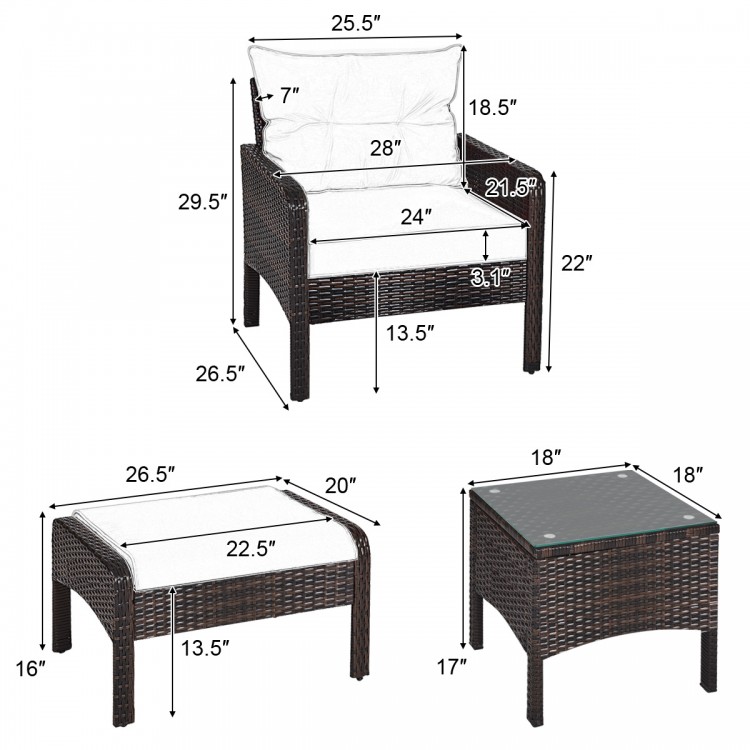 Detailed dimensions of the 5 pcs patio rattan sofa set with cushions, including ottomans and tea table for outdoor use.