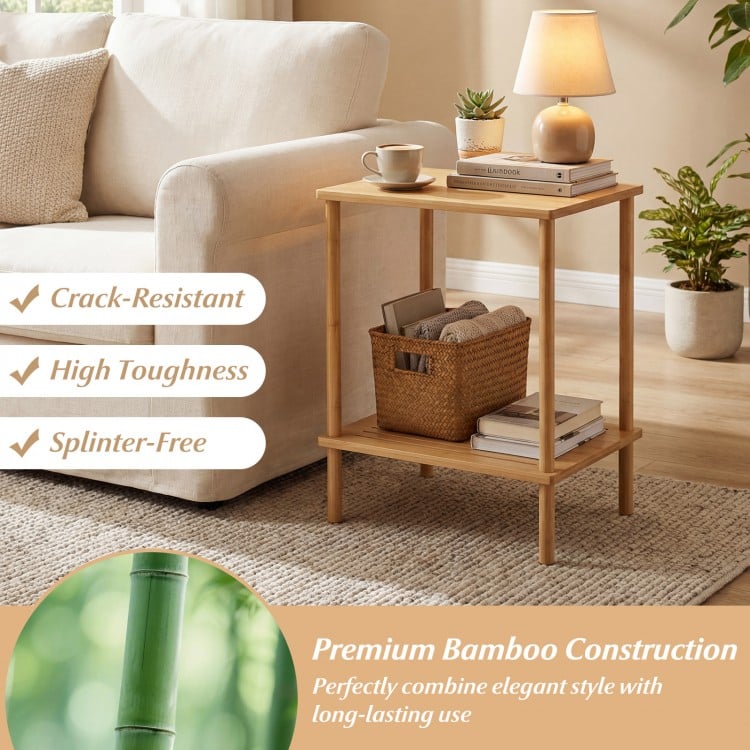 Natural bamboo side table with 2-tier storage, crack-resistant design, perfect for living room or bedroom use.