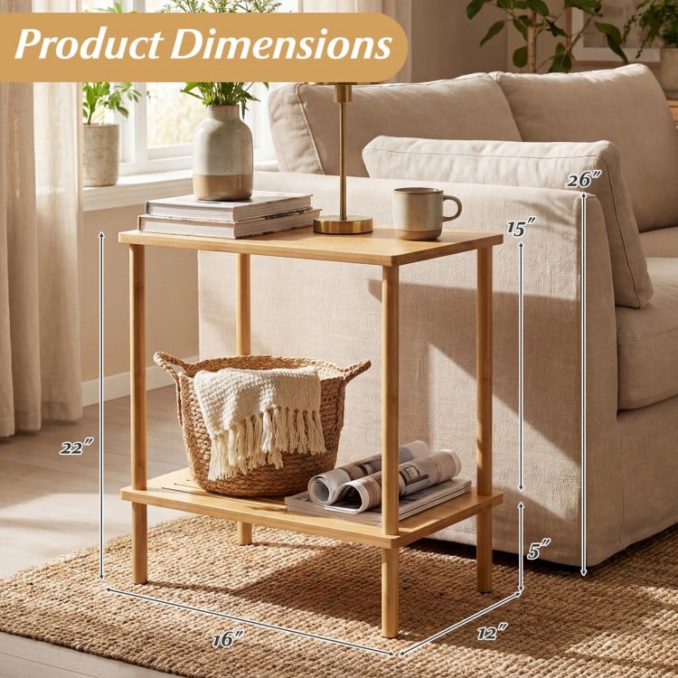 2-tier bamboo side table with storage shelves, featuring a natural finish, perfect for living room organization.