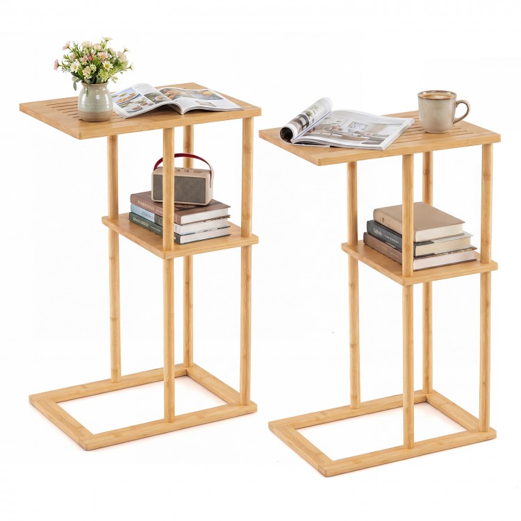 Set of 2 bamboo side tables with storage shelves, featuring a slatted design for versatile use in any room.