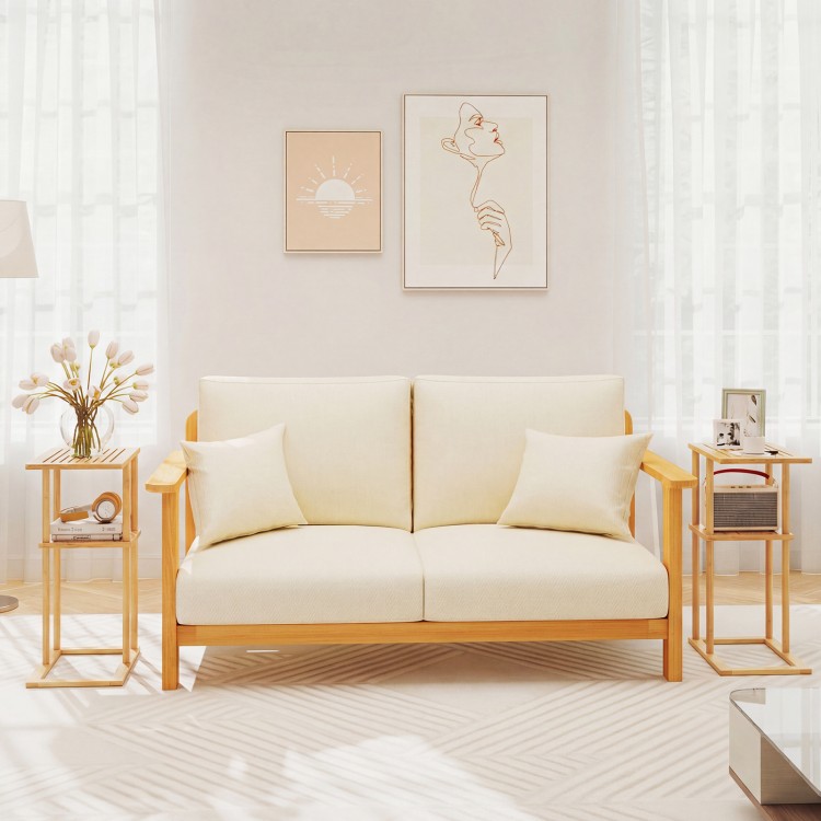 Bamboo side table set of 2 with storage shelves, featuring a slatted design for versatile use in living spaces.
