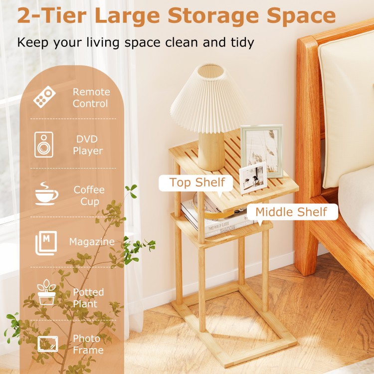 Natural bamboo side table set of 2 with 2-tier storage shelves, perfect for remote controls and coffee cups.