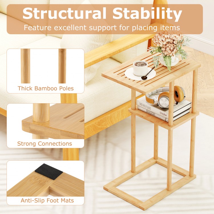 Bamboo side table set of 2 with storage shelves, featuring a slatted design and anti-slip foot mats for stability.