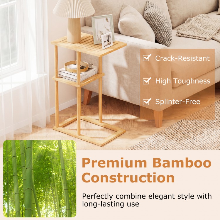 Natural bamboo side table set of 2 with storage shelves, featuring a slatted design for versatile use in any room.