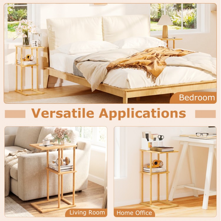 Natural bamboo side table set of 2 with storage shelves, perfect for bedroom, living room, or home office use.