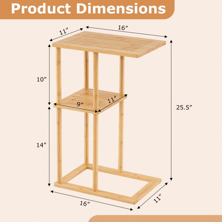Bamboo side table set of 2 with storage shelves, featuring a slatted design and sturdy construction for versatile use.