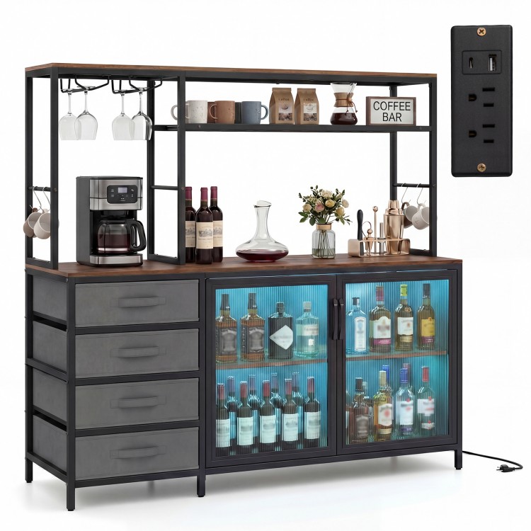 Sideboard buffet cabinet with LED lights, rustic brown finish, featuring wine storage and charging station for.